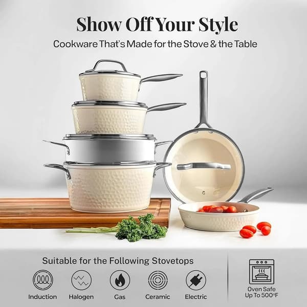 Gotham Steel Pro Hammered 20 Piece Ceramic Nonstick Induction Cookware and Bakeware Pots and Pans Set - Beige