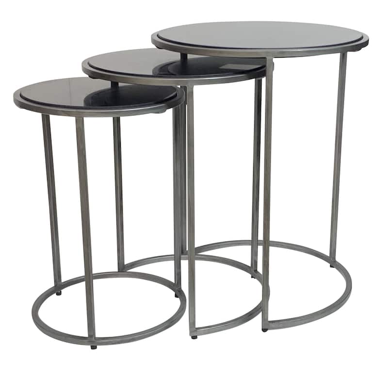 HomeRoots Set of Three Black and Gray Marble and Iron Round Frame Nested Tables - 17.5 in. x 22 in. x 17.5 in.