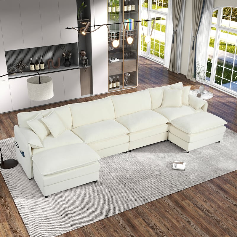 Modern Modular 6 Seat Sofa with Deep Dual Layer Cushions and Storage Pockets for Living Room and Guest Room - Beige