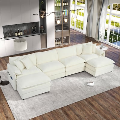 Modern Modular 6 Seat Sofa with Deep Dual Layer Cushions and Storage Pockets for Living Room and Guest Room