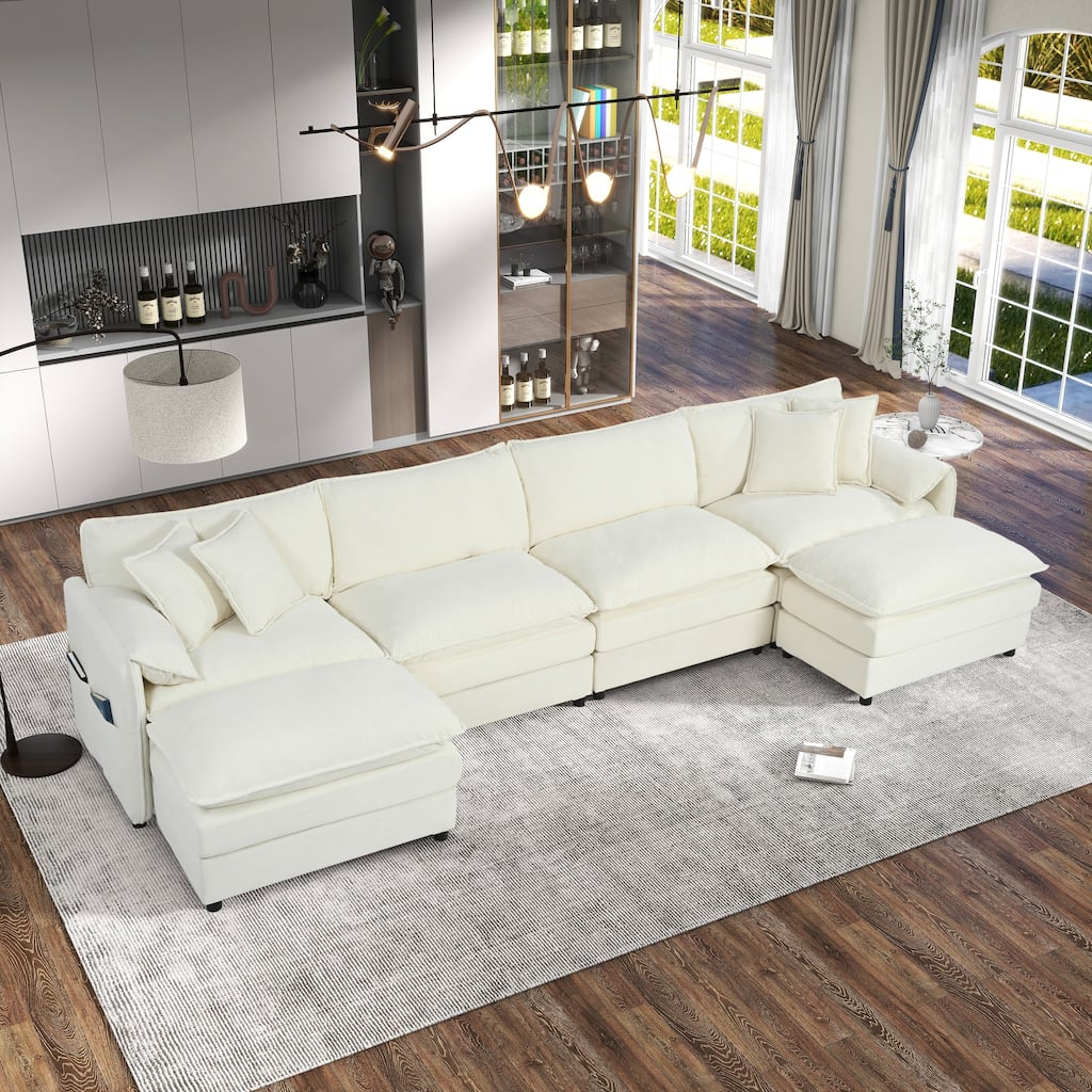 Modern Modular 6 Seat Sofa with Deep Dual Layer Cushions and Storage Pockets for Living Room and Guest Room