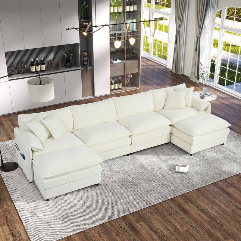 Modular U Shaped 4-Seater Sofa with 2 Ottomans, Chenille, Beige - Multi-Color