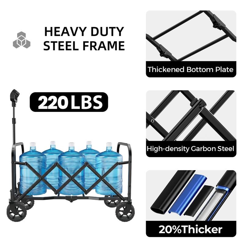 Upgraded 5*2"Wide Wheels-Expandable Dual-Layer Utility Wagon with 100% Extra Space, 220lbs Capacity Grocery Cart for Camping