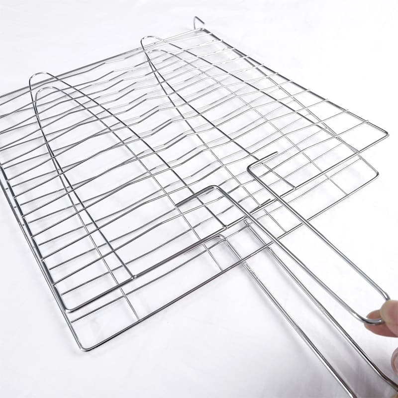 Wooden Handle Metal Mesh Fish Meat Barbecue Grill Grilling Folder Clip Clamp - 19" x 9.3" x 0.6"(L*W*T)