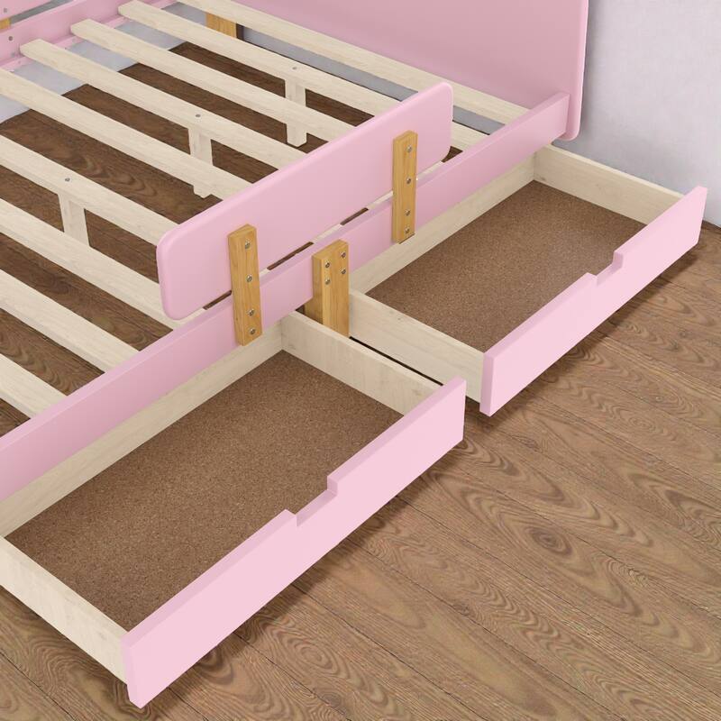 Twin/Full Wood Platform Bed with Storage Drawers, Guardrail, Shelf & Hooks, Solid Wood Frame, No Box Spring Needed