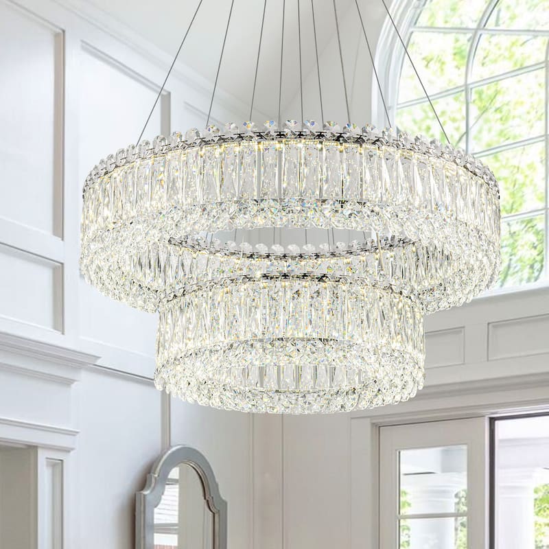 1/2-Tier Dimmable Chrome Crystal LED Drum Chandelier - 2 Tier-23.6"