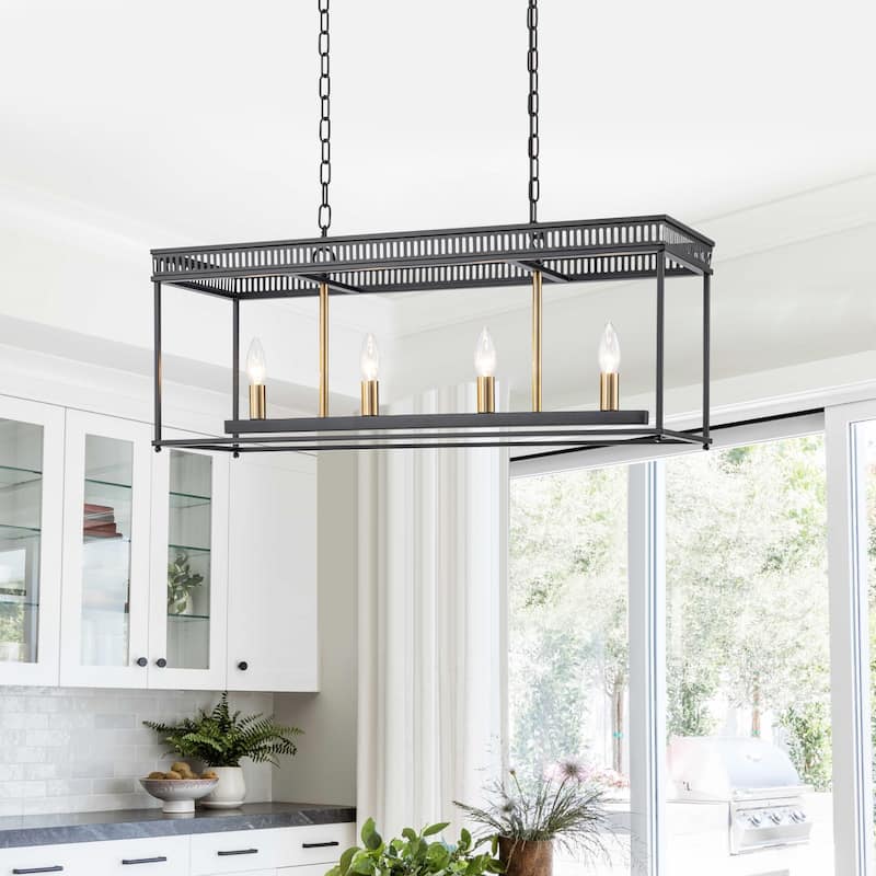 4-Light Black Industrial Rectangular Caged Chandelier Kitchen Island - Dia.29.92-in - Dia.29.92-in