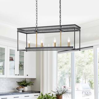 4-Light Black Industrial Rectangular Caged Chandelier Kitchen Island - Dia.29.92-in