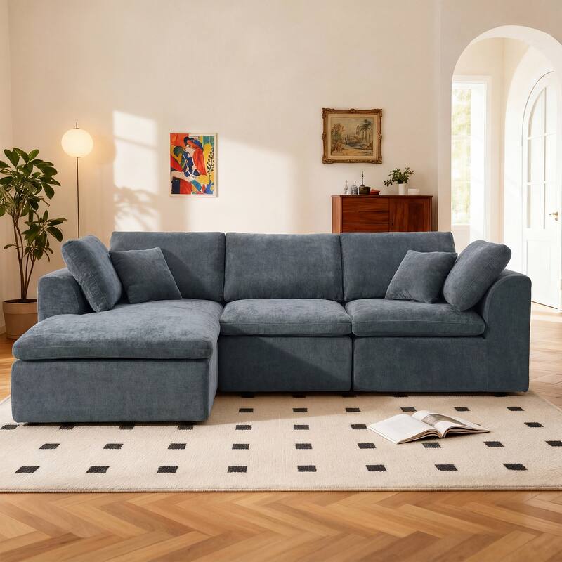 L-Shaped Chenille Sectional Sofa with Chaise Lounge, Living Room Modular Leisure Couch Chenille Sleeper Sofa