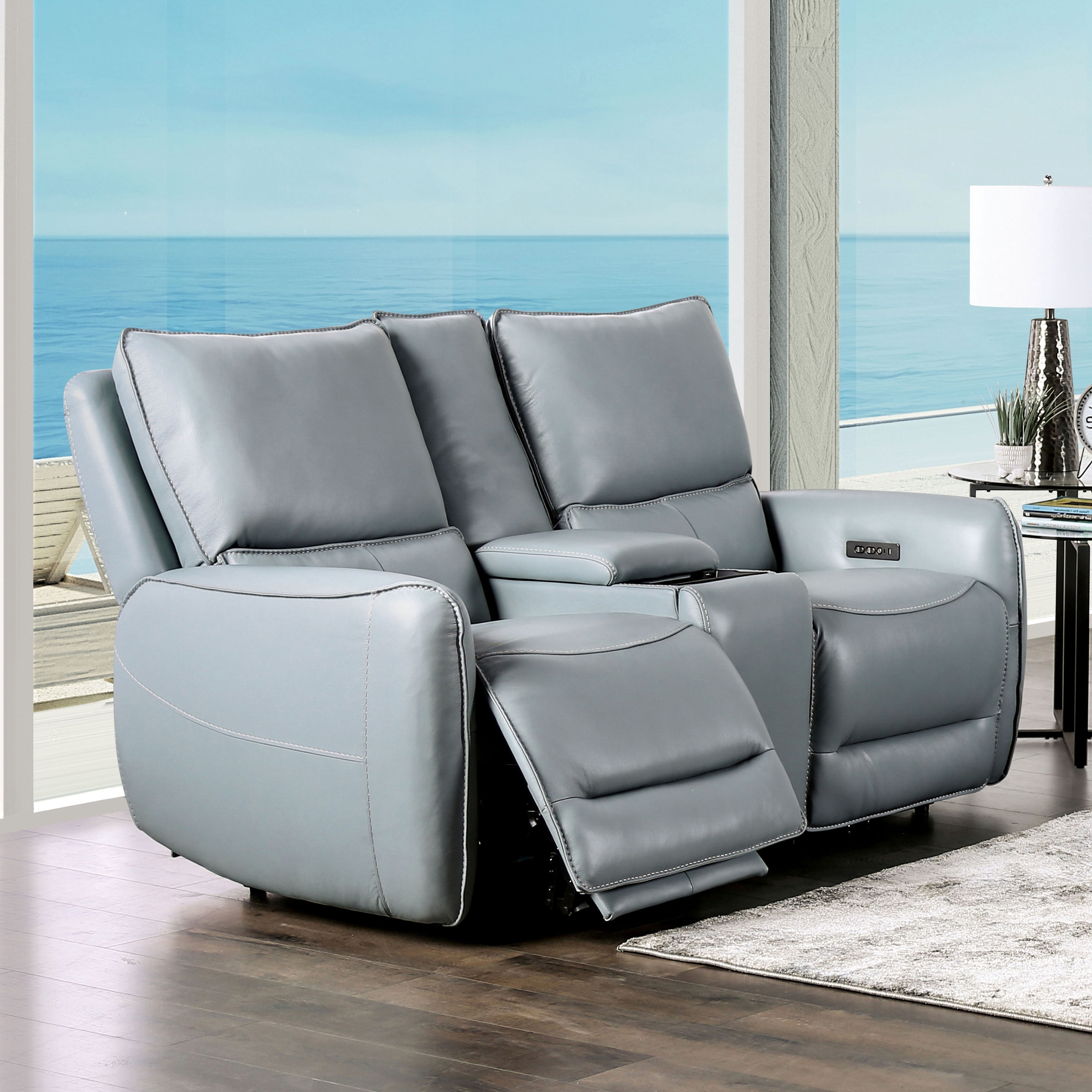 Furniture of America Nimo Modern Pale Blue Leather Power Recline Loveseat with USB Charger and Console