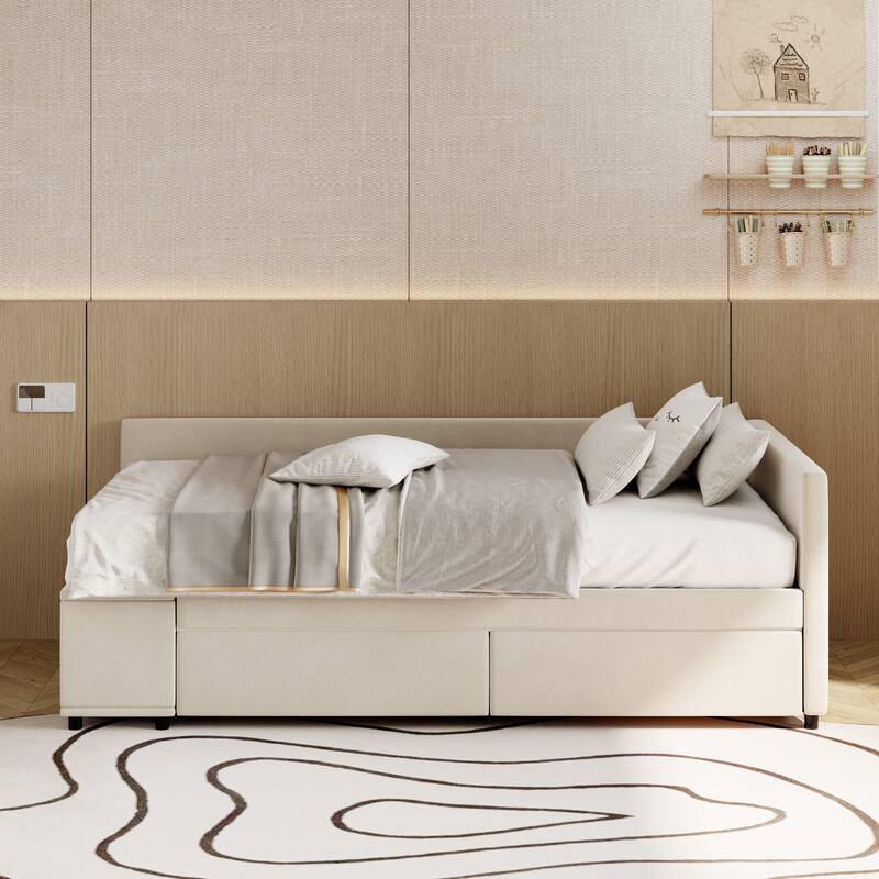 L-Shaped Twin Size Upholstered Platform Bed with Storage Drawers, Beige