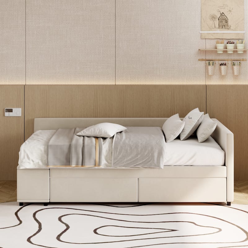 Twin Velvet Platform Bed with Underbed Drawers & Side Cabinet