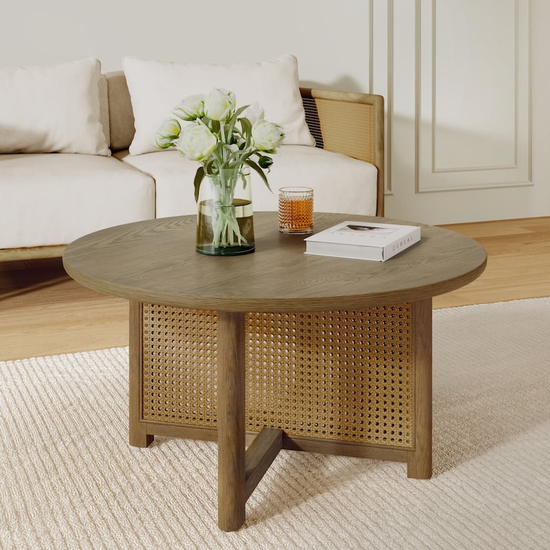 32'' Rattan Coffee Table Round Side Table, Wood Center Table End Table Rustic Dining Table for Living Room - Wood