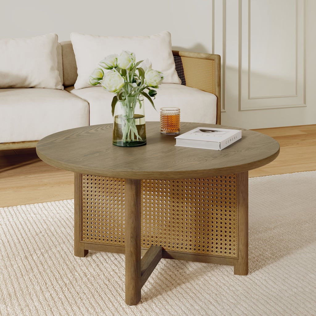 32'' Rattan Coffee Table Round Side Table, Wood Center Table End Table Rustic Dining Table for Living Room
