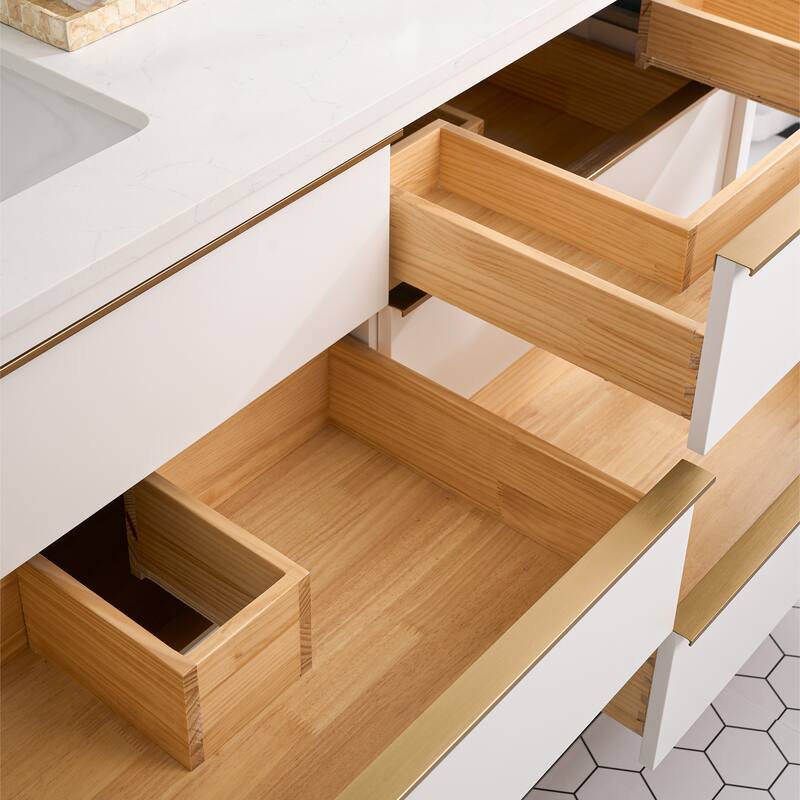 36"/48"/60" W Width Solid Wood Bathroom Vanity with Stain-resistant Carrera White Quartz Top and Sink