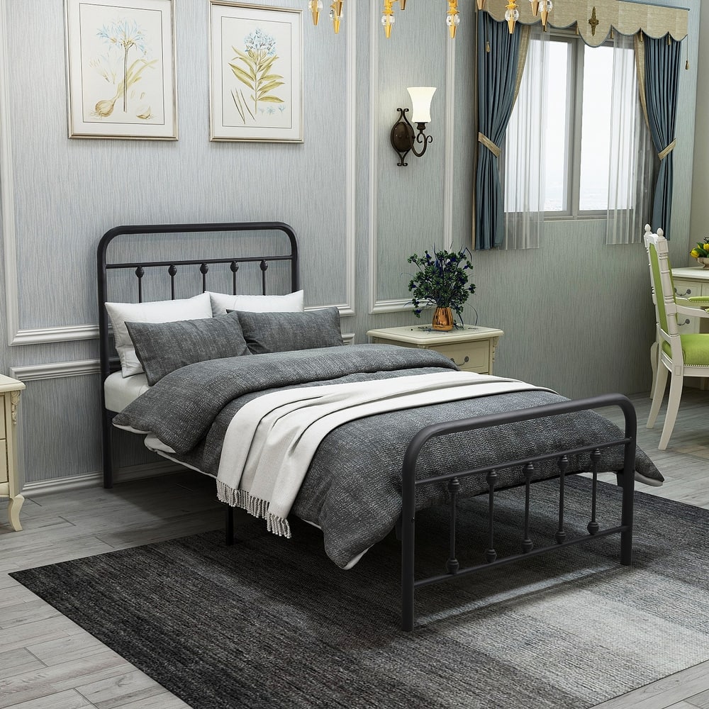 Victorian Style Metal Platform Bed Frame with Iron-Art Headboard Footboard, Under Bed Storage, No Box Spring Needed, Noise Free