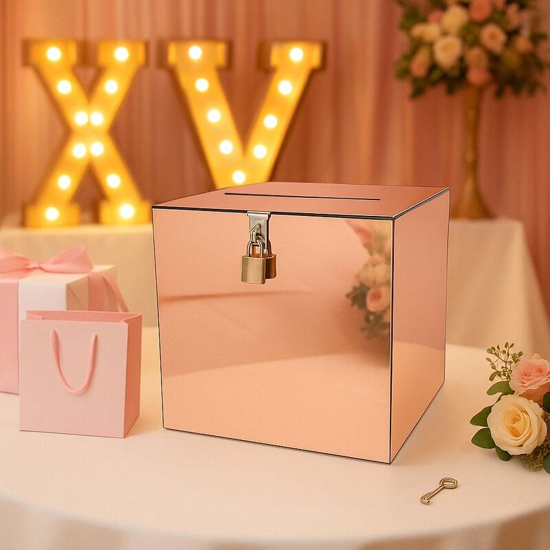OnDisplay 10" Luxe Rose Gold Mirror Acrylic Wedding Card Box w/Lid - Lucite Gift