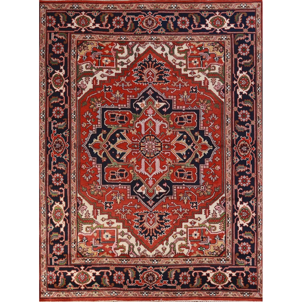 Hand Knotted Oriental 100% Wool Carpet Traditional Medallion Oranges & Rust Heriz (serapi) Area Rug - 9' 11'' X 8' 1''