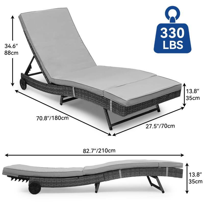 Wicker recliner, outdoor PE cane pool recliner with adjustable back and removable mat and wheels