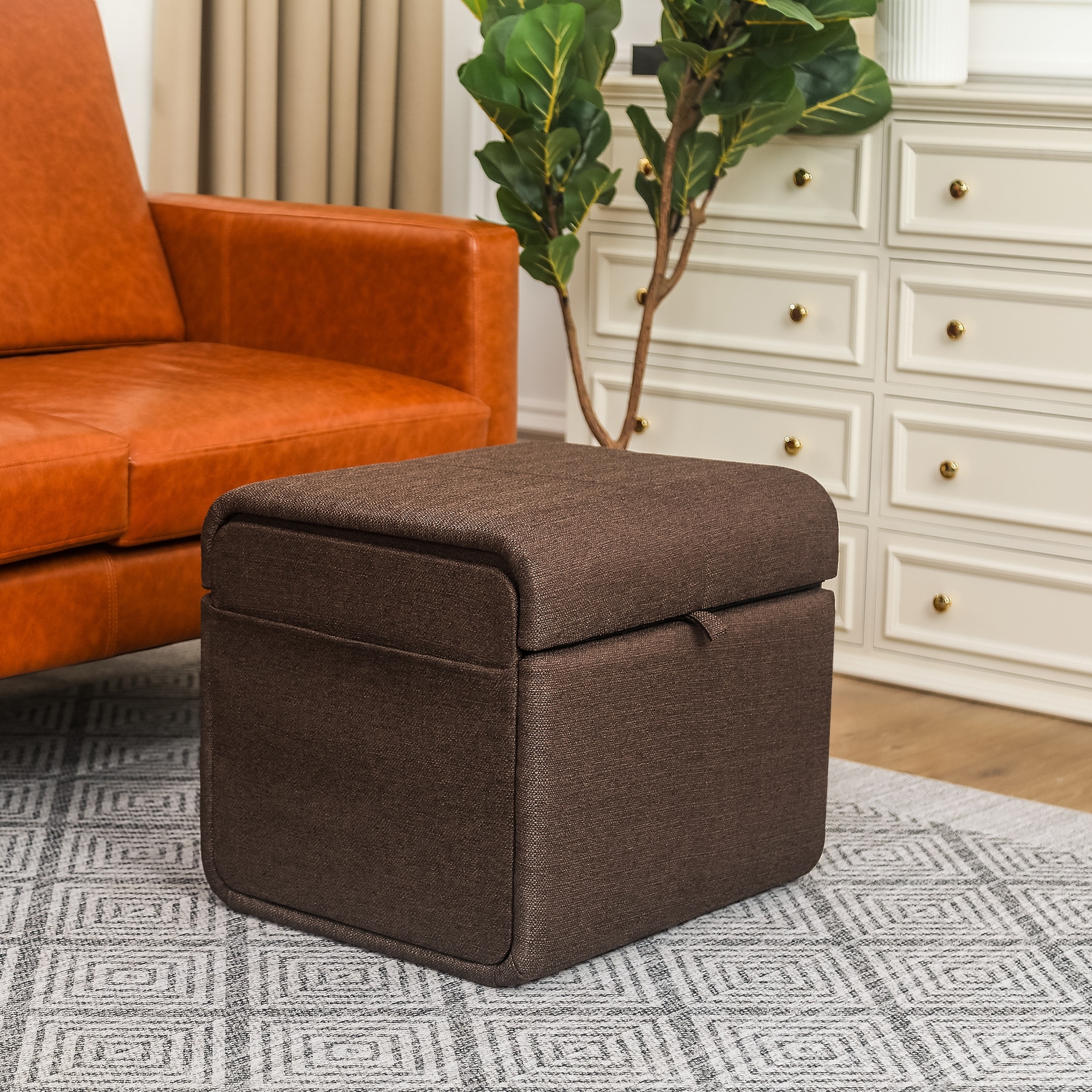 Adeco Storage Ottoman Linen Foot Stool for Living Room Bedroom