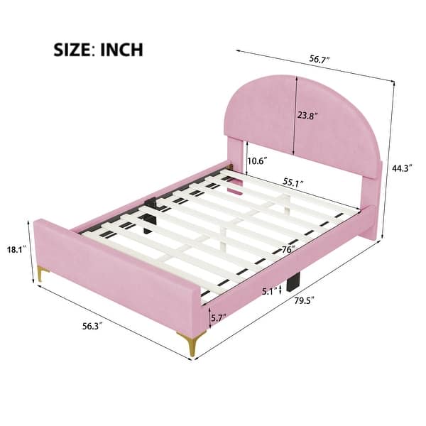 dimension image slide 3 of 6, Bedroom Velvet Fabric Bed Frame with Classic Semi-circle Shaped Headboard and Metal Legs, Upholstered Platform Bed for Kids