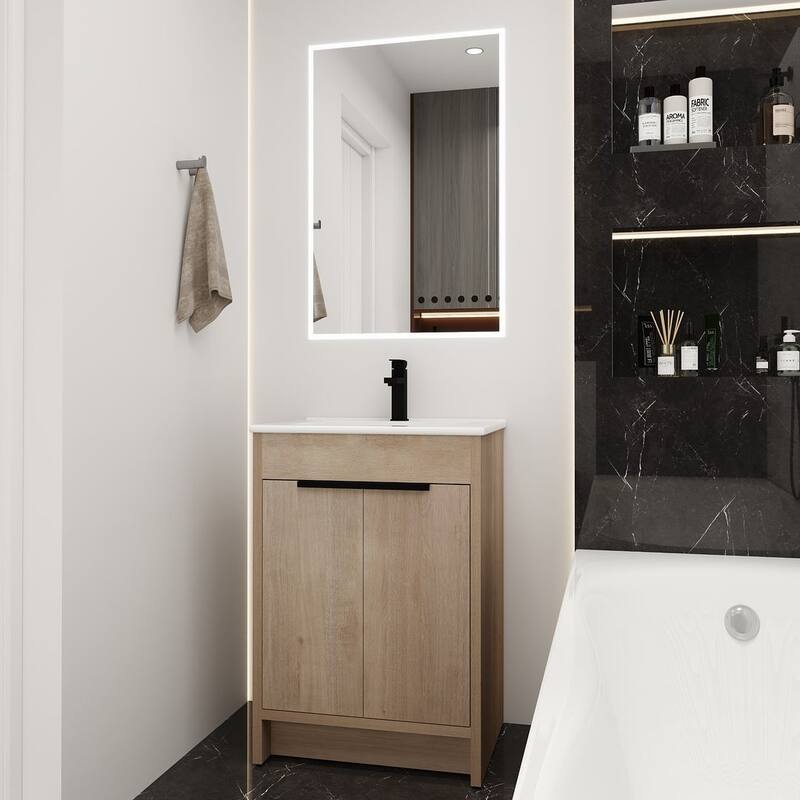 24", 30", 36" Freestanding Bathroom Vanity with White Ceramic Sink & Soft-Close Doors