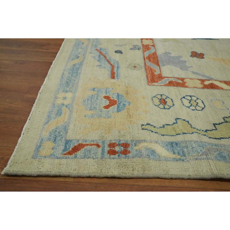 Handmade Wool Oushak Vegetable Dye Area Rug, Floral Geometric Carpet - 11' 8'' X 8' 9''