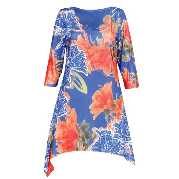 What On Earth Woman S Floral Print Tunic Top Orange Blue Flowers 3 4 Sleeves
