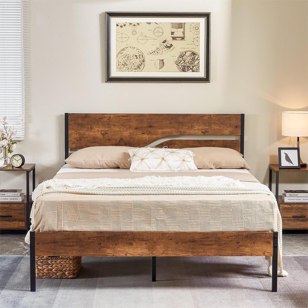 VECELO Beds Industrial Platform Bed Frame MDF Headboard with Curved Cutout Stable No Box Spring Bed Frame
