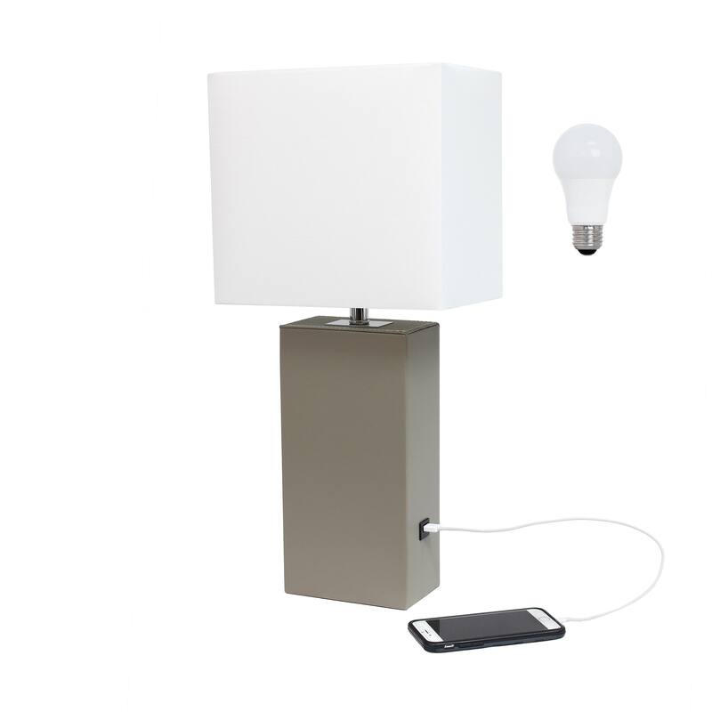 Modern Leather Table Lamp with USB and White Fabric Shade