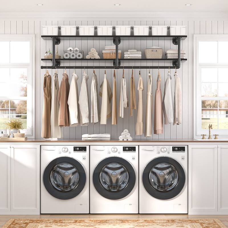 Floating Pipe Heavy-Duty Garment Rack, Wall-Mounted Closet Organizer with Storage Shelves