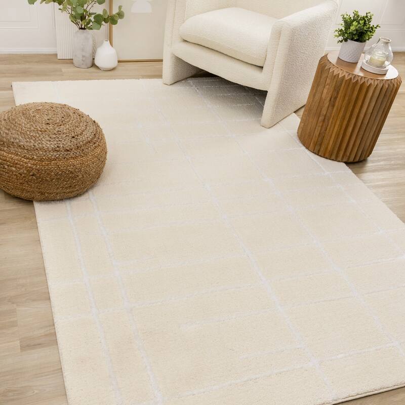 Sutton Collection - Plush Polyester Cream White Lines Area Rug