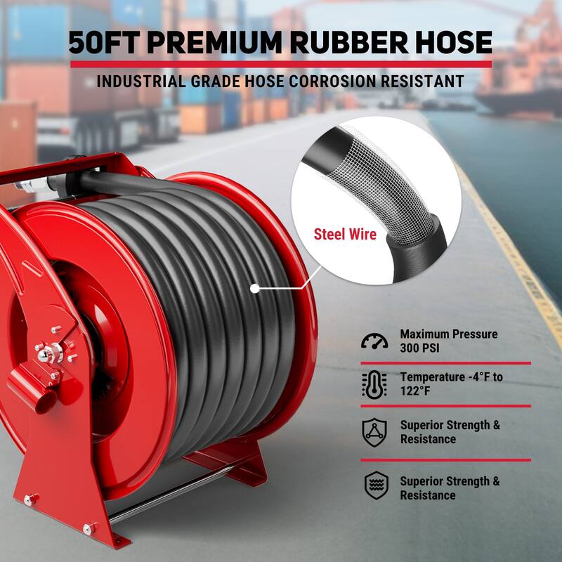 1“ x 50ft Diesel Fuel Hose Reel Retractable with Fuel Nozzle, 1 Inch Fuel Transfer Pump Hose, Auto Swivel Rewind