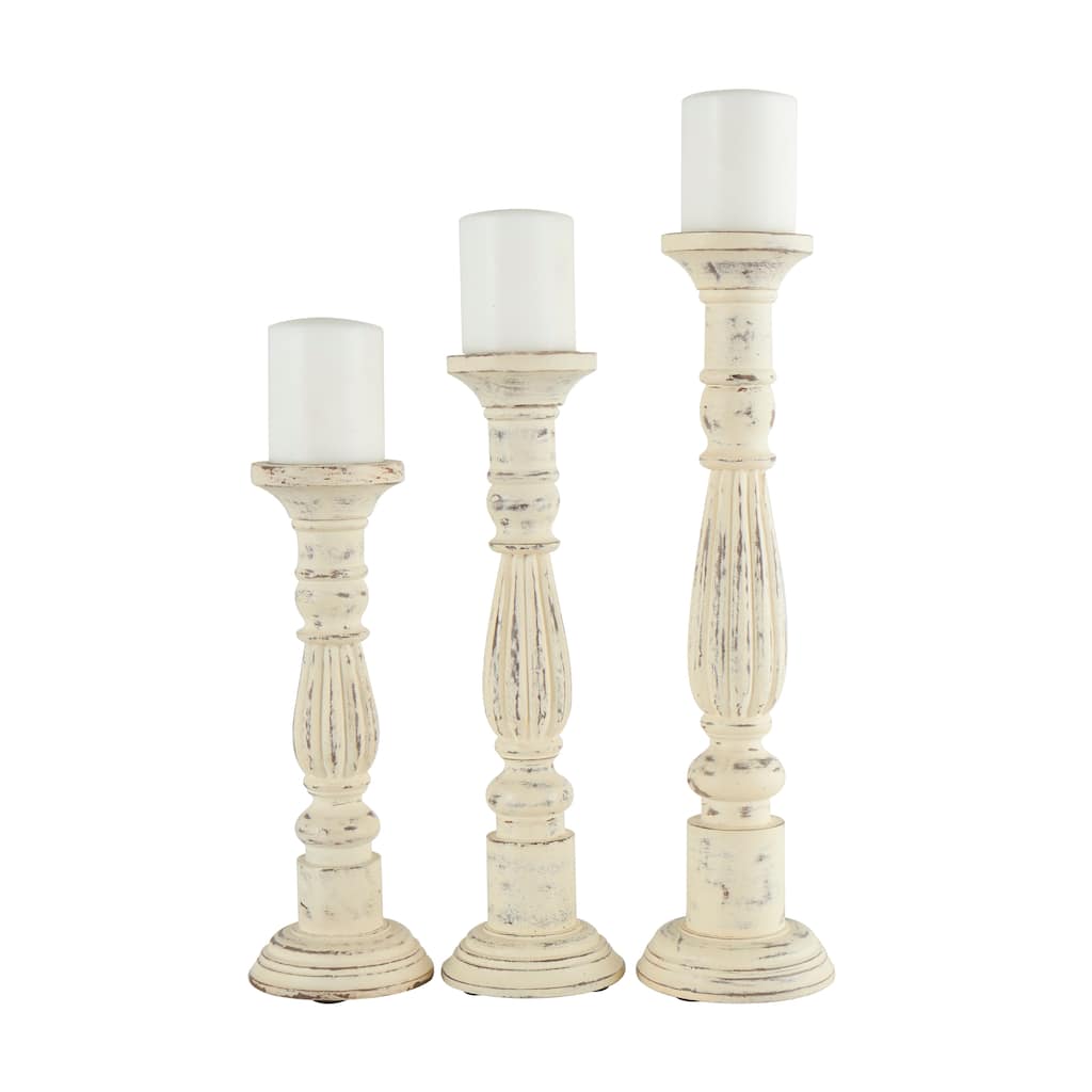 Mango Wood Candle Holder - Set of 3 White - Roche River Decor - 6"W x 6"L x 21"H