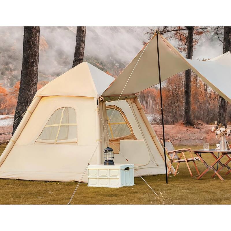 EROMMY Inflatable Tent 4-6 Person - Instant Setup Waterproof Cabin Tent with Pump (Beige/Light Green) - Beige