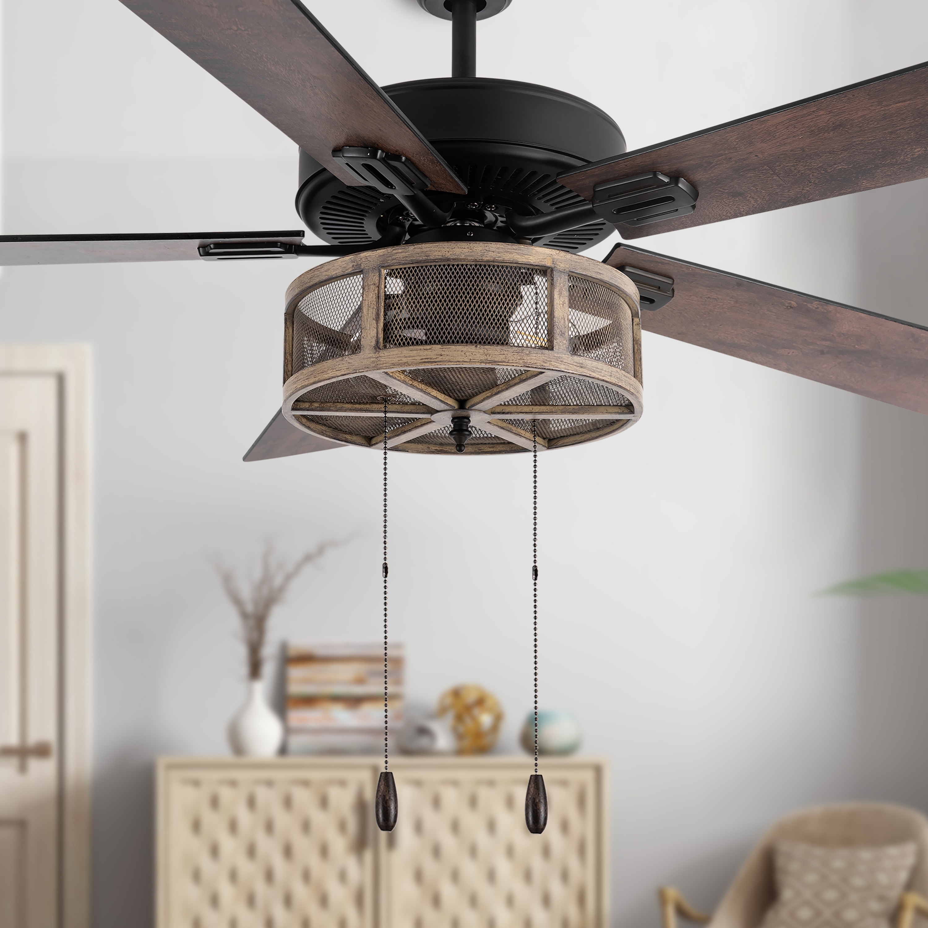Indoor LED Ceiling Fan 52" Rustic Barnwood Classic Blades Industrial Cage New 
