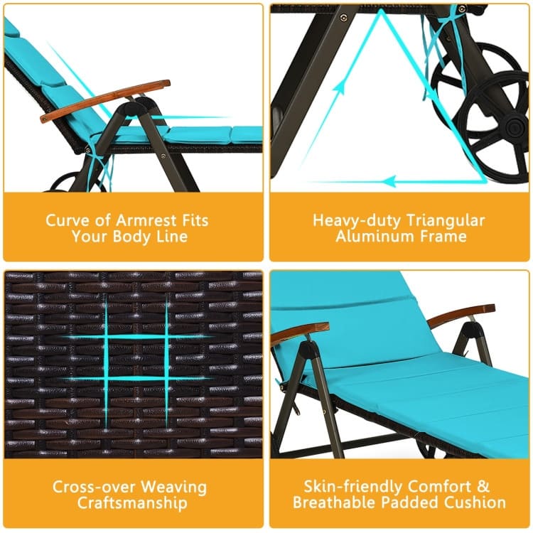 Premium Outdoor Rattan Chaise Lounge Recliner Chair for Relaxation - 56.5"~ 73" x 27.5" x 29.5"~44" (LX WX H)