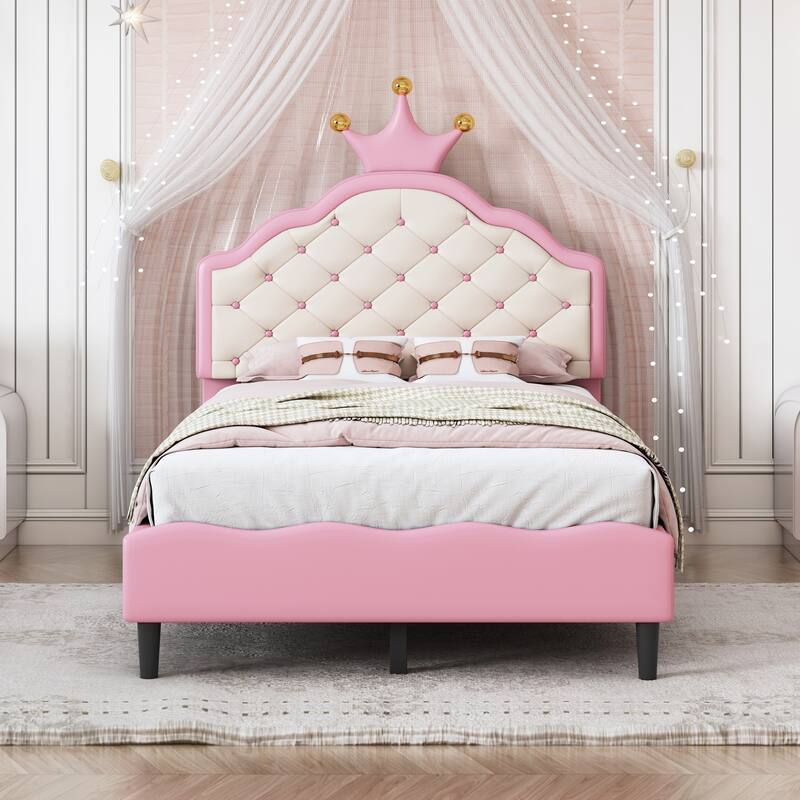 Twin Size Crown Fantasy PU Leather Princess Bed with Tufted Headboard, Pink and Cream
