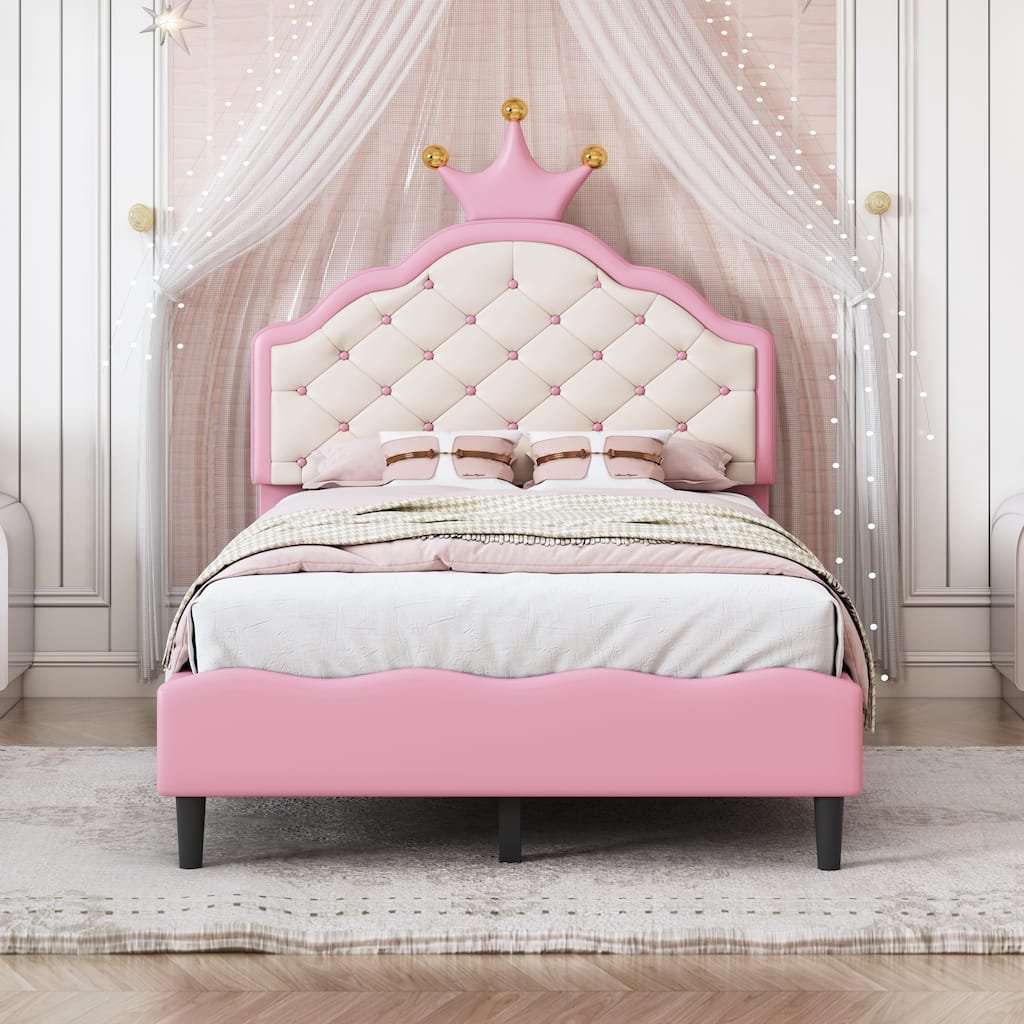 Twin Size Crown Fantasy PU Leather Princess Bed with Tufted Headboard Pink and Cream Dreamy Design for Girls