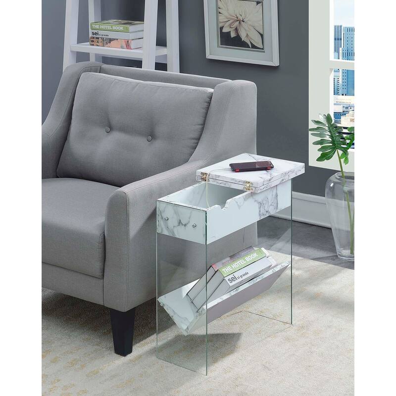 Convenience Concepts SoHo Glass Flip Top End Table with Charging Station and Shelf - White Faux Marble/Glass