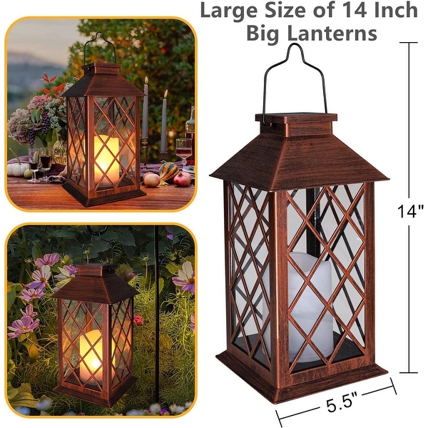 14 in. Antique Copper Garden Hanging Solar Lantern Waterproof LED Flickering Flameless Candle Lantern Lights 2 Pack