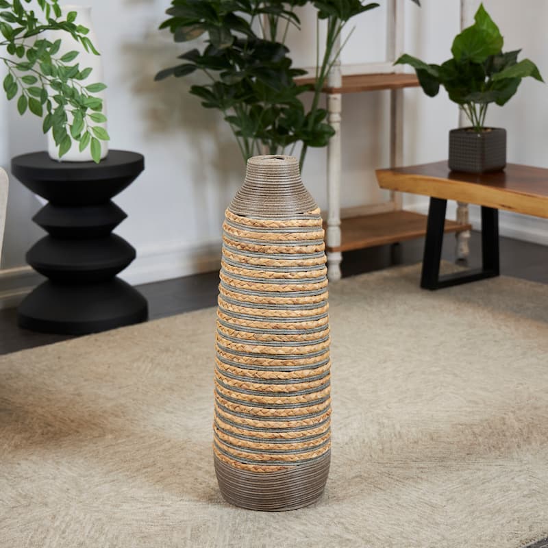 Brown Seagrass Handmade Braided Decorative Vase with Layered Gray Paneling - Brown