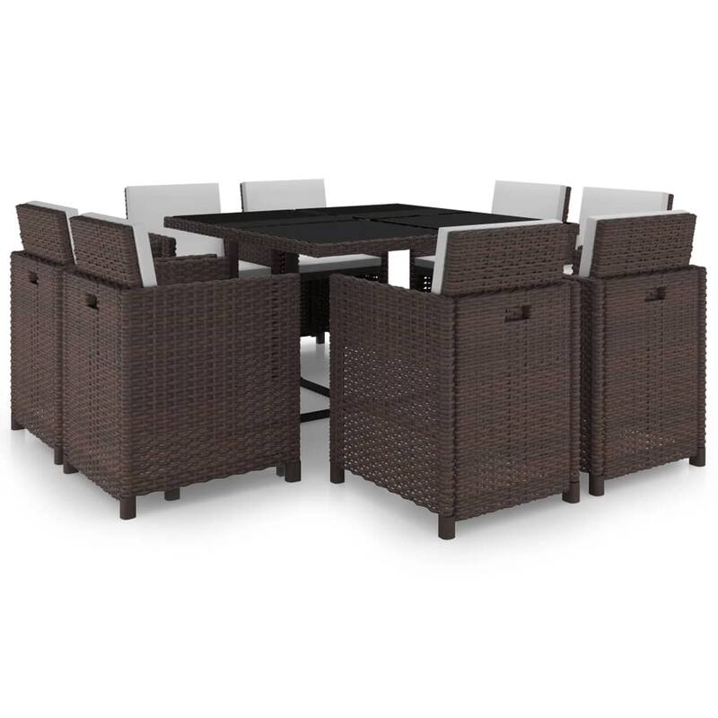 vidaXL Patio Dining Set 9 Piece Conversation Set with Cushions Poly Rattan - 20.5" x 22" x 33.5" - Brown