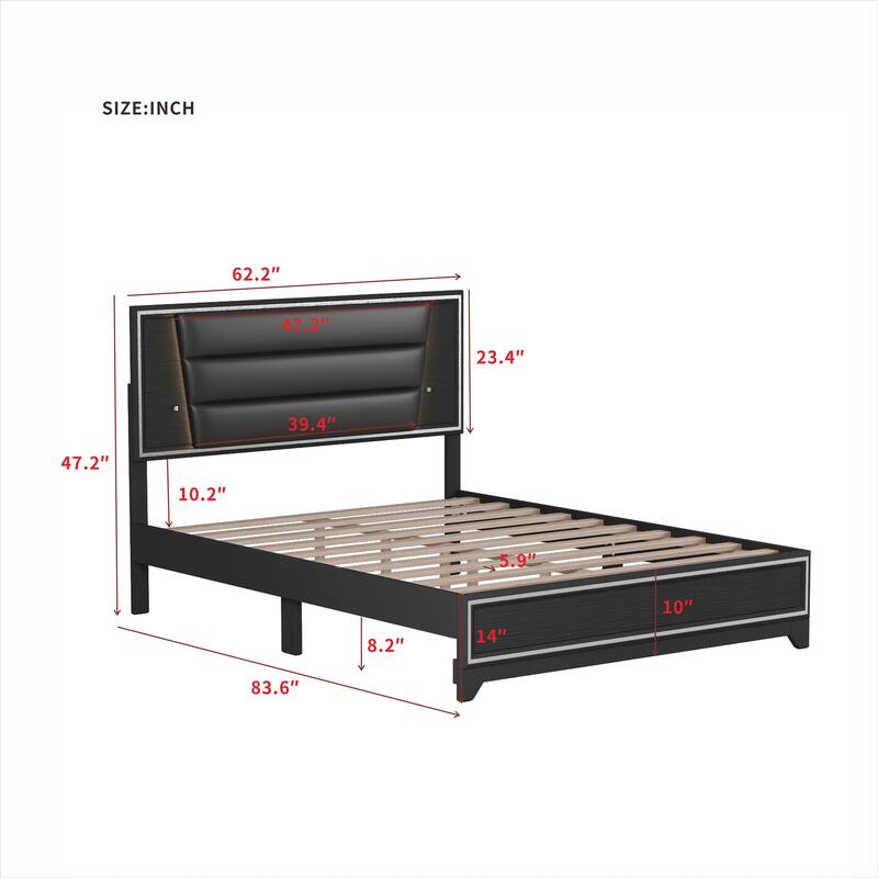 Modern Queen Bed with Sparkling Headboard & LED Light Strips, Platform Design