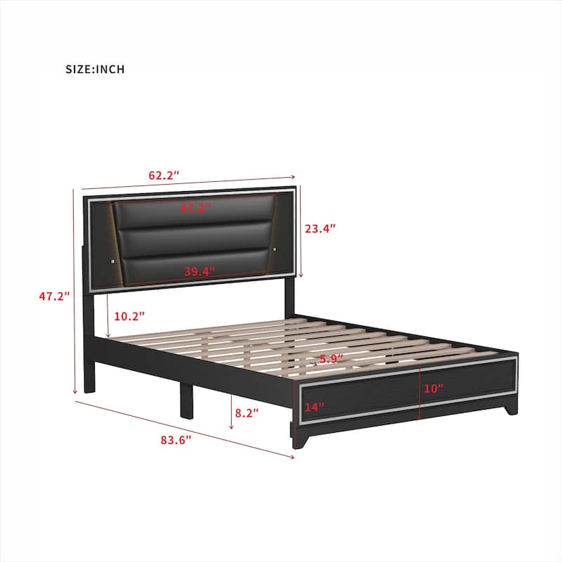 PU Upholstered Queen Size Bed with LED Light Strips