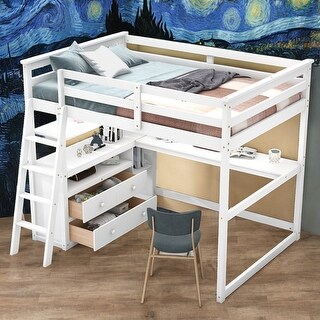 Full Size Loft Bed With Desk,Shelves,2 Built-in Drawers for Home