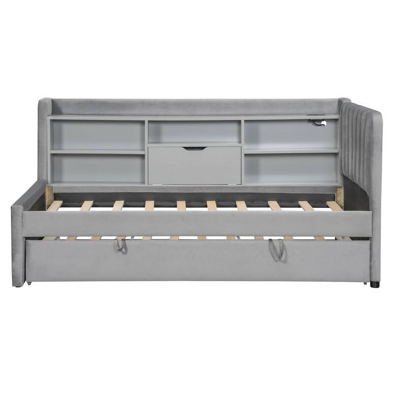 Twin Size Upholstered Daybed with Trundle, Storage Platform Bed Frame with Shelves and Charging Station