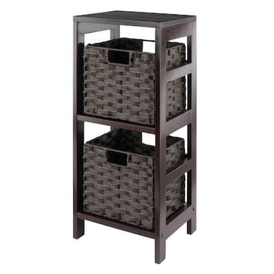 Leo 3-Pc Storage Shelf with 2 Foldable Woven Baskets, Espresso and Chocolate - 13.39 x 11.22 x 29.21 inches