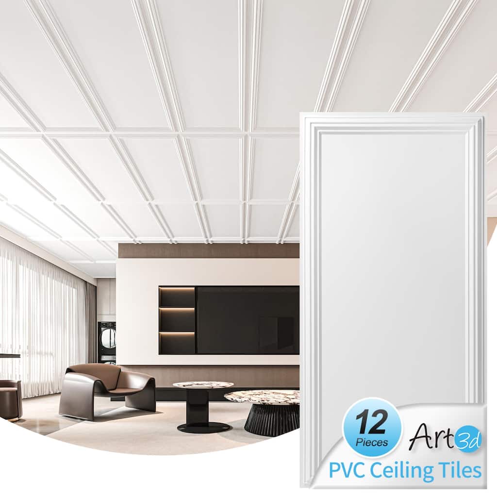Art3d 24"x48" 3D PVC Wall & Ceiling Panels, Set of 12, Covers 96 Sq.Ft