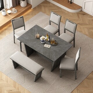 6-Piece Gray Retro Dining Table Set with 4 Upholstered Chairs & 1 Bench ...